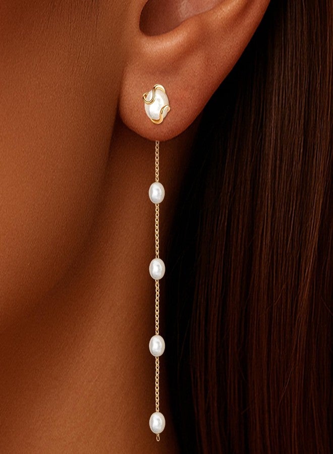 Zeffy Pearl Earrings for Women - Gold Pearl Drop Dangle Earrings Long White Pearl Statement Earring Hypoallergenic Bride Wedding Prom Dainty Tassel Earring Trendy Cute Pearl Jewelry Gifts Birthday - Image 2